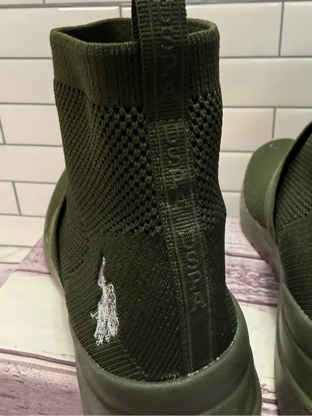 U.S.POLO ASSN Logo Olive Green Knitted Sock High Top Sneakers Women Sz 6.5